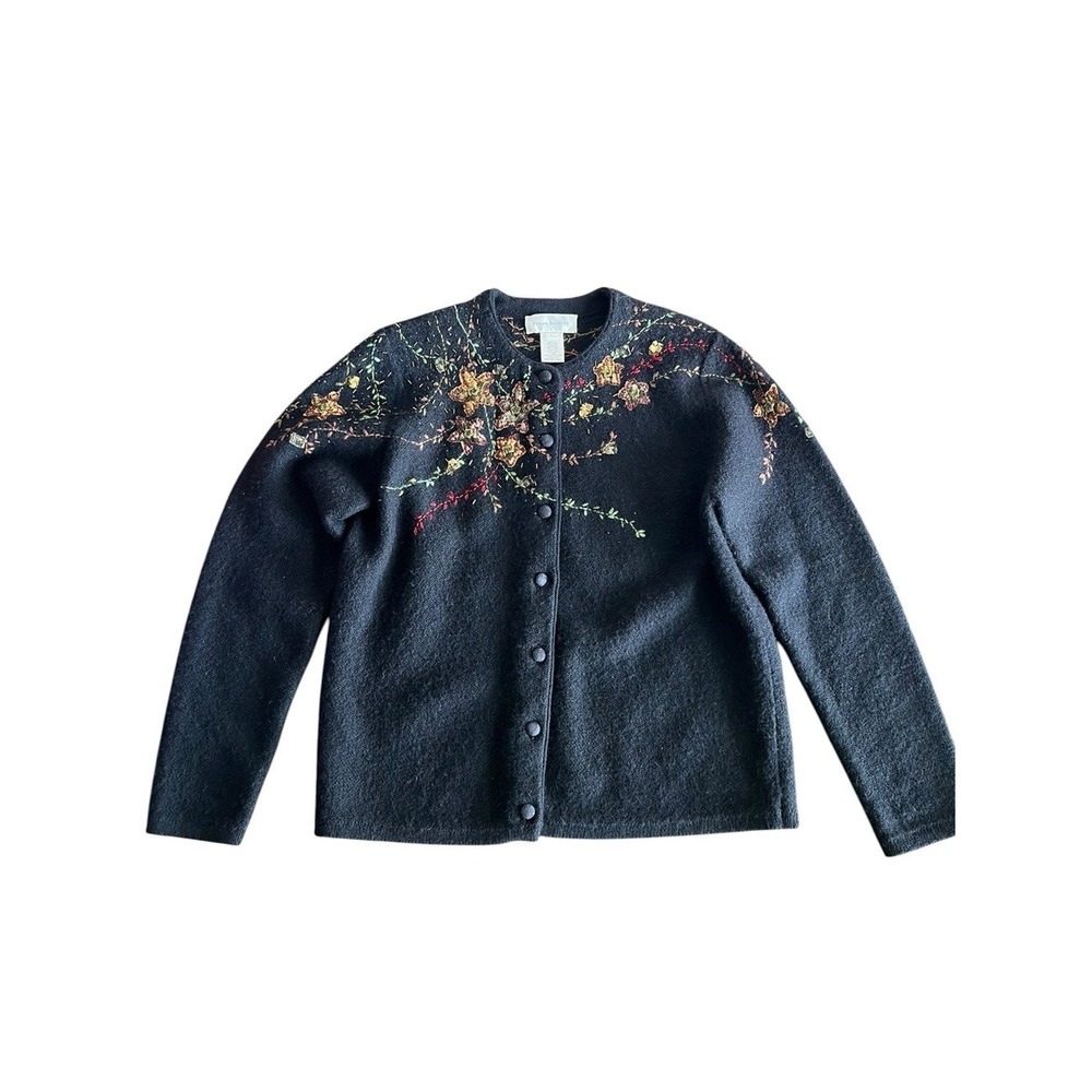 VTG Susan Bristol Cardigan Sweater L Black 100 Wool Hand Embroidered Cottagecore